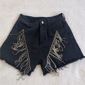 Elegant Black Jean Shorts with Fringe Detail